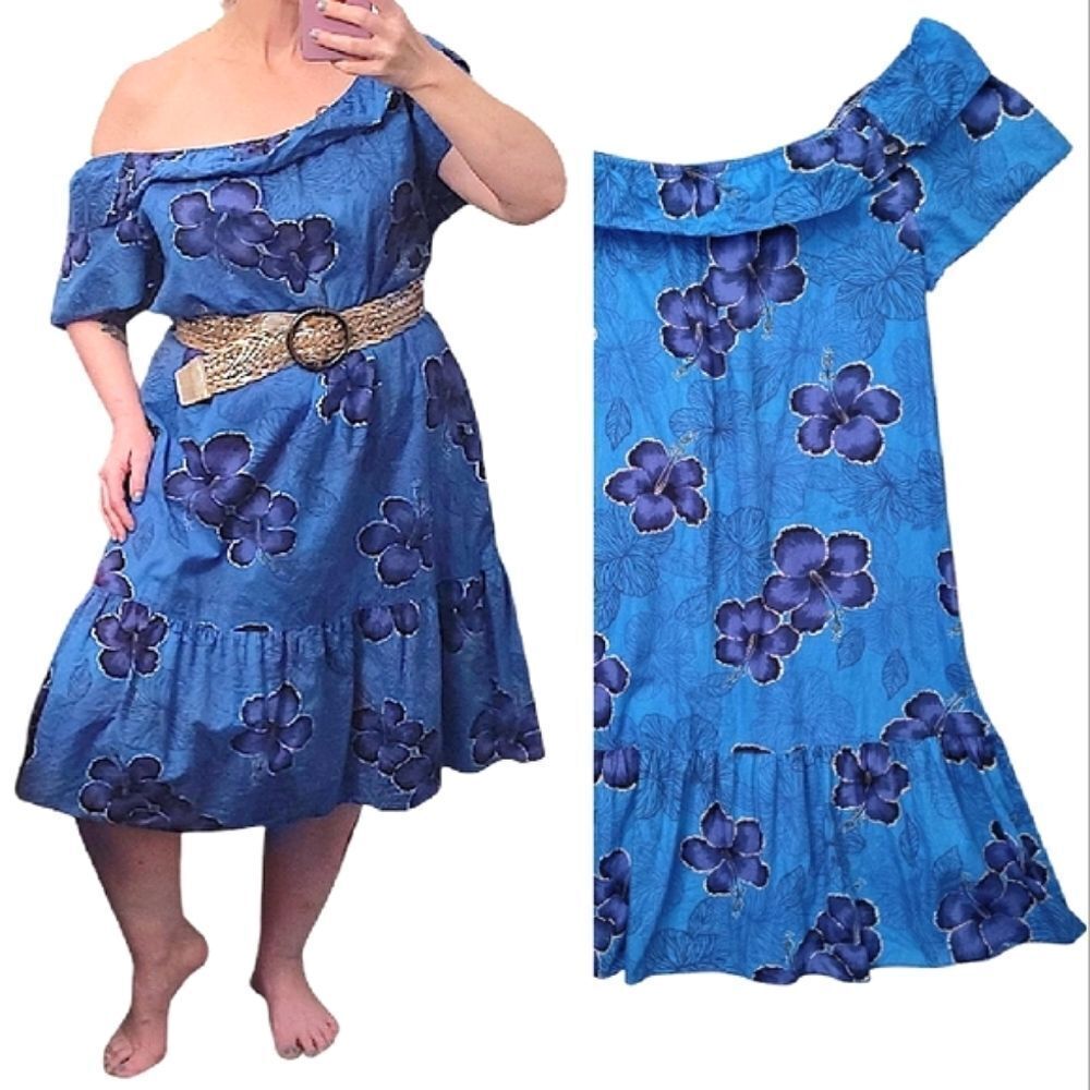 VTG Hilo Hattie Blue Purple Hawaiian Hibiscus Short Muu Muu Dress *Fits Like XL